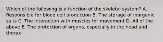 Which of the following is a function of the skeletal system? A. Responsible for blood cell production B. The storage of inorganic salts C. The interaction with muscles for movement D. All of the above E. The protection of organs, especially in the head and thorax