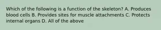 Which of the following is a function of the skeleton? A. Produces blood cells B. Provides sites for muscle attachments C. Protects internal organs D. All of the above