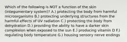 Which of the following is NOT a function of the skin (integumentary system)? A.) protecting the body from harmful microorganisms B.) protecting underlying structures from the harmful effects of UV radiation C.) protecting the body from dehydration D.) providing the ability to have a darker skin complexion when exposed to the sun E.) producing vitamin D F.) regulating body temperature G.) housing sensory nerve endings