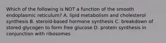 Which of the following is NOT a function of the smooth endoplasmic reticulum? A. lipid metabolism and cholesterol synthesis B. steroid-based hormone synthesis C. breakdown of stored glycogen to form free glucose D. protein synthesis in conjunction with ribosomes