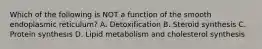 Which of the following is NOT a function of the smooth endoplasmic reticulum? A. Detoxification B. Steroid synthesis C. Protein synthesis D. Lipid metabolism and cholesterol synthesis