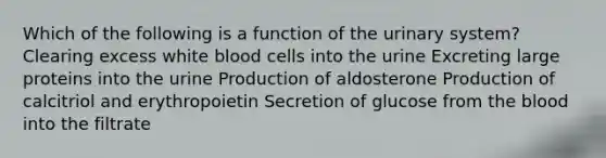 Which of the following is a function of the urinary system? Clearing excess white blood cells into the urine Excreting large proteins into the urine Production of aldosterone Production of calcitriol and erythropoietin Secretion of glucose from the blood into the filtrate