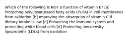 Which of the following is NOT a function of vitamin E? [a] Protecting polyunsaturated fatty acids (PUFA) in cell membranes from oxidation [b] Improving the absorption of vitamin C if dietary intake is low [c] Enhancing the immune system and protecting white blood cells [d] Protecting low-density lipoproteins (LDLs) from oxidation