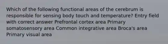 Which of the following functional areas of the cerebrum is responsible for sensing body touch and temperature? Entry field with correct answer Prefrontal cortex area Primary somatosensory area Common integrative area Broca's area Primary visual area