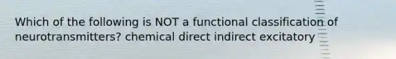 Which of the following is NOT a functional classification of neurotransmitters? chemical direct indirect excitatory