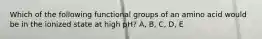 Which of the following functional groups of an amino acid would be in the ionized state at high pH? A, B, C, D, E