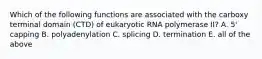 Which of the following functions are associated with the carboxy terminal domain (CTD) of eukaryotic RNA polymerase II? A. 5' capping B. polyadenylation C. splicing D. termination E. all of the above