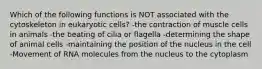 Which of the following functions is NOT associated with the cytoskeleton in eukaryotic cells? -the contraction of muscle cells in animals -the beating of cilia or flagella -determining the shape of animal cells -maintaining the position of the nucleus in the cell -Movement of RNA molecules from the nucleus to the cytoplasm