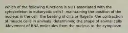 Which of the following functions is NOT associated with the cytoskeleton in eukaryotic cells? -maintaining the position of the nucleus in the cell -the beating of cilia or flagella -the contraction of muscle cells in animals -determining the shape of animal cells -Movement of RNA molecules from the nucleus to the cytoplasm