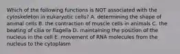 Which of the following functions is NOT associated with the cytoskeleton in eukaryotic cells? A. determining the shape of animal cells B. the contraction of muscle cells in animals C. the beating of cilia or flagella D. maintaining the position of the nucleus in the cell E. movement of RNA molecules from the nucleus to the cytoplasm