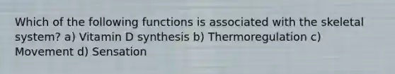 Which of the following functions is associated with the skeletal system? a) Vitamin D synthesis b) Thermoregulation c) Movement d) Sensation