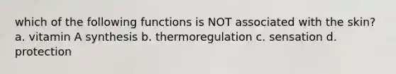 which of the following functions is NOT associated with the skin? a. vitamin A synthesis b. thermoregulation c. sensation d. protection