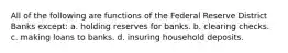 All of the following are functions of the Federal Reserve District Banks except: a. holding reserves for banks. b. clearing checks. c. making loans to banks. d. insuring household deposits.