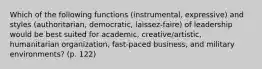 Which of the following functions (instrumental, expressive) and styles (authoritarian, democratic, laissez-faire) of leadership would be best suited for academic, creative/artistic, humanitarian organization, fast-paced business, and military environments? (p. 122)