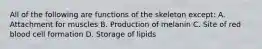 All of the following are functions of the skeleton except: A. Attachment for muscles B. Production of melanin C. Site of red blood cell formation D. Storage of lipids