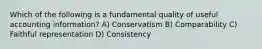 Which of the following is a fundamental quality of useful accounting information? A) Conservatism B) Comparability C) Faithful representation D) Consistency