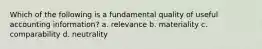 Which of the following is a fundamental quality of useful accounting information? a. relevance b. materiality c. comparability d. neutrality