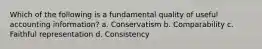 Which of the following is a fundamental quality of useful accounting information? a. Conservatism b. Comparability c. Faithful representation d. Consistency