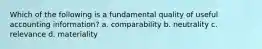 Which of the following is a fundamental quality of useful accounting information? a. comparability b. neutrality c. relevance d. materiality