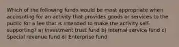 Which of the following funds would be most appropriate when accounting for an activity that provides goods or services to the public for a fee that is intended to make the activity self-supporting? a) Investment trust fund b) Internal service fund c) Special revenue fund d) Enterprise fund