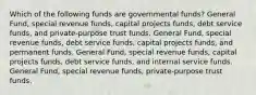 Which of the following funds are governmental funds? General Fund, special revenue funds, capital projects funds, debt service funds, and private-purpose trust funds. General Fund, special revenue funds, debt service funds, capital projects funds, and permanent funds. General Fund, special revenue funds, capital projects funds, debt service funds, and internal service funds. General Fund, special revenue funds, private-purpose trust funds.