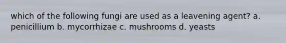 which of the following fungi are used as a leavening agent? a. penicillium b. mycorrhizae c. mushrooms d. yeasts