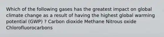 Which of the following gases has the greatest impact on global climate change as a result of having the highest global warming potential (GWP) ? Carbon dioxide Methane Nitrous oxide Chlorofluorocarbons