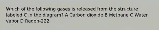 Which of the following gases is released from the structure labeled C in the diagram? A Carbon dioxide B Methane C Water vapor D Radon-222