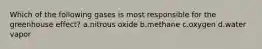 Which of the following gases is most responsible for the greenhouse effect? a.nitrous oxide b.methane c.oxygen d.water vapor