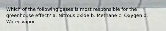 Which of the following gases is most responsible for the greenhouse effect? a. Nitrous oxide b. Methane c. Oxygen d. Water vapor