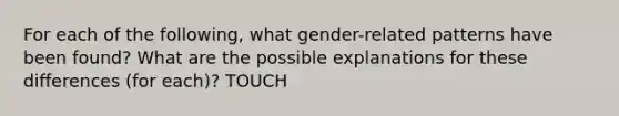 For each of the following, what gender-related patterns have been found? What are the possible explanations for these differences (for each)? TOUCH