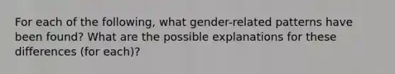 For each of the following, what gender-related patterns have been found? What are the possible explanations for these differences (for each)?