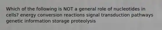 Which of the following is NOT a general role of nucleotides in cells? energy conversion reactions signal transduction pathways genetic information storage proteolysis