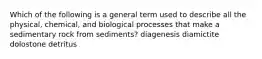 Which of the following is a general term used to describe all the physical, chemical, and biological processes that make a sedimentary rock from sediments? diagenesis diamictite dolostone detritus