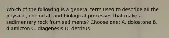 Which of the following is a general term used to describe all the physical, chemical, and biological processes that make a sedimentary rock from sediments? Choose one: A. dolostone B. diamicton C. diagenesis D. detritus