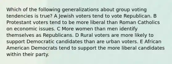 Which of the following generalizations about group voting tendencies is true? A Jewish voters tend to vote Republican. B Protestant voters tend to be more liberal than Roman Catholics on economic issues. C More women than men identify themselves as Republicans. D Rural voters are more likely to support Democratic candidates than are urban voters. E African American Democrats tend to support the more liberal candidates within their party.