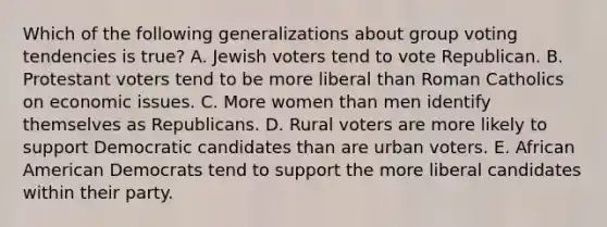 Which of the following generalizations about group voting tendencies is true? A. Jewish voters tend to vote Republican. B. Protestant voters tend to be more liberal than Roman Catholics on economic issues. C. More women than men identify themselves as Republicans. D. Rural voters are more likely to support Democratic candidates than are urban voters. E. African American Democrats tend to support the more liberal candidates within their party.