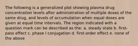 The following is a generalized plot showing plasma drug concentration levels after administration of multiple doses of the same drug, and levels of accumulation when equal doses are given at equal time intervals. The region indicated with a question mark can be described as the: a. steady state b. first-pass effect c. phase I conjugation d. first-order effect e. none of the above