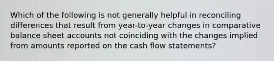 Which of the following is not generally helpful in reconciling differences that result from year-to-year changes in comparative balance sheet accounts not coinciding with the changes implied from amounts reported on the cash flow statements?