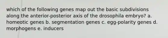 which of the following genes map out the basic subdivisions along the anterior-posterior axis of the drosophila embryo? a. homeotic genes b. segmentation genes c. egg-polarity genes d. morphogens e. inducers