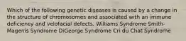 Which of the following genetic diseases is caused by a change in the structure of chromosomes and associated with an immune deficiency and velofacial defects. Williams Syndrome Smith-Magenis Syndrome DiGeorge Syndrome Cri du Chat Syndrome