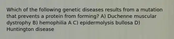 Which of the following genetic diseases results from a mutation that prevents a protein from forming? A) Duchenne muscular dystrophy B) hemophilia A C) epidermolysis bullosa D) Huntington disease