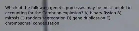 Which of the following genetic processes may be most helpful in accounting for the Cambrian explosion? A) binary fission B) mitosis C) random segregation D) gene duplication E) chromosomal condensation