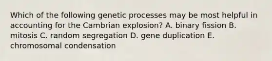 Which of the following genetic processes may be most helpful in accounting for the Cambrian explosion? A. binary fission B. mitosis C. random segregation D. gene duplication E. chromosomal condensation