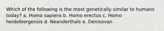 Which of the following is the most genetically similar to humans today? a. Homo sapiens b. Homo erectus c. Homo heidelbergensis d. Neanderthals e. Denisovan