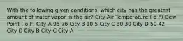 With the following given conditions, which city has the greatest amount of water vapor in the air? City Air Temperature ( o F) Dew Point ( o F) City A 95 76 City B 10 5 City C 30 30 City D 50 42 City D City B City C City A