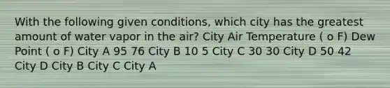 With the following given conditions, which city has the greatest amount of water vapor in the air? City Air Temperature ( o F) Dew Point ( o F) City A 95 76 City B 10 5 City C 30 30 City D 50 42 City D City B City C City A