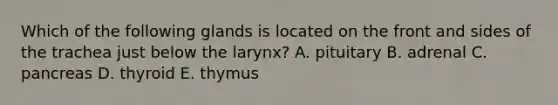 Which of the following glands is located on the front and sides of the trachea just below the larynx? A. pituitary B. adrenal C. pancreas D. thyroid E. thymus