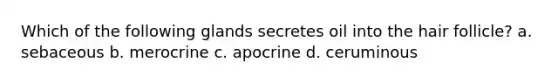 Which of the following glands secretes oil into the hair follicle? a. sebaceous b. merocrine c. apocrine d. ceruminous