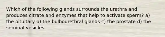 Which of the following glands surrounds the urethra and produces citrate and enzymes that help to activate sperm? a) the pituitary b) the bulbourethral glands c) the prostate d) the seminal vesicles